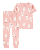Toddler Girl Bunny Print Easter Snug Fit Cotton 2-Piece Pajamas - Pink, image 1 of 3 slides