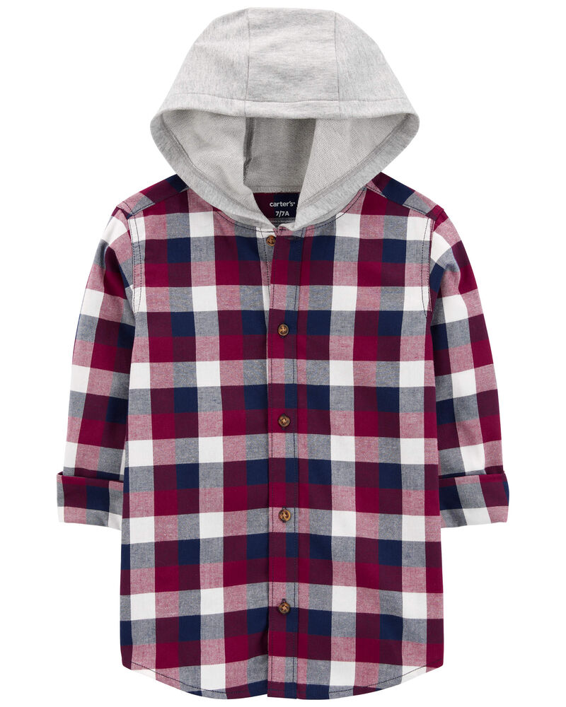 Kid Plaid Hooded Button-Down Shirt, image 1 of 4 slides