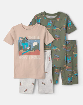 Boys Skateboard Cotton Short-Sleeve Snug Fit 4-Piece Pajama Set - Green/Brown, 