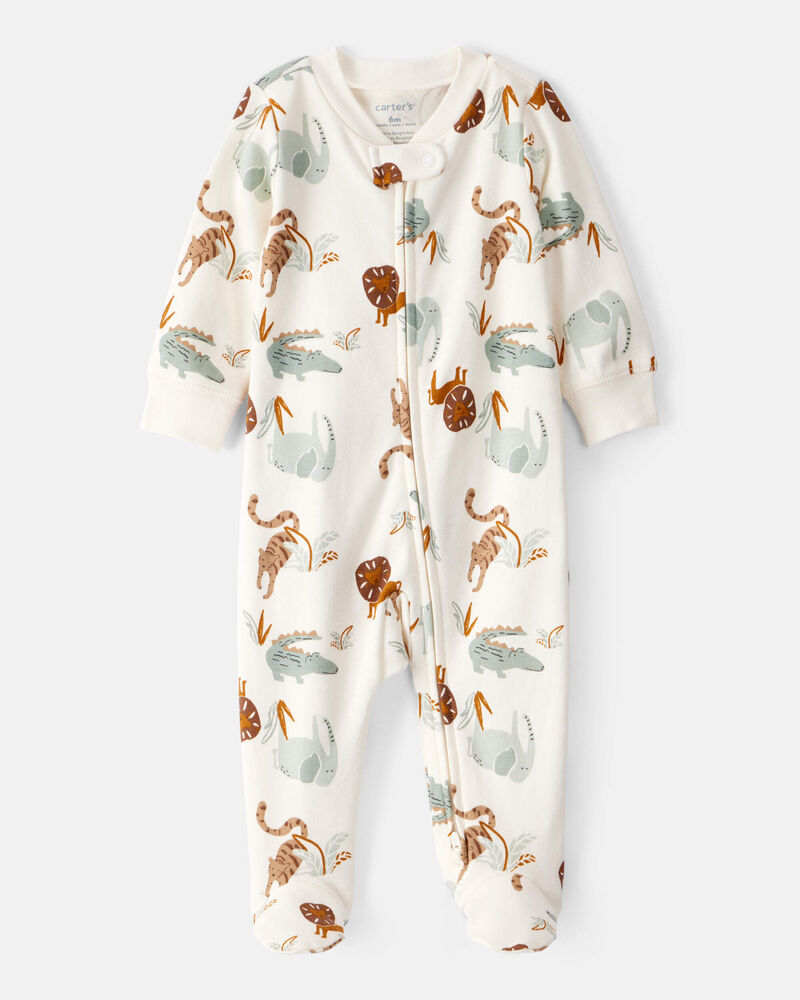 Baby Animal Print 2-Way Zip Cotton Sleep & Play Pajamas, image 1 of 5 slides