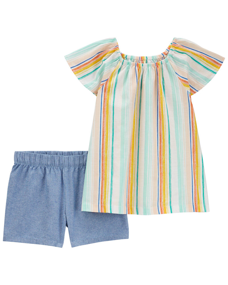 Kid 2-Piece Striped Top & Chambray Short Set, image 1 of 3 slides
