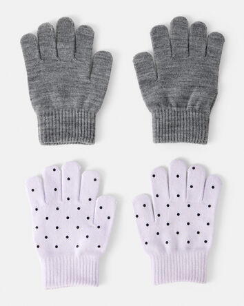 Girls 2-Pack Cat Polka Dot Winter Gloves- Purple/Grey, 