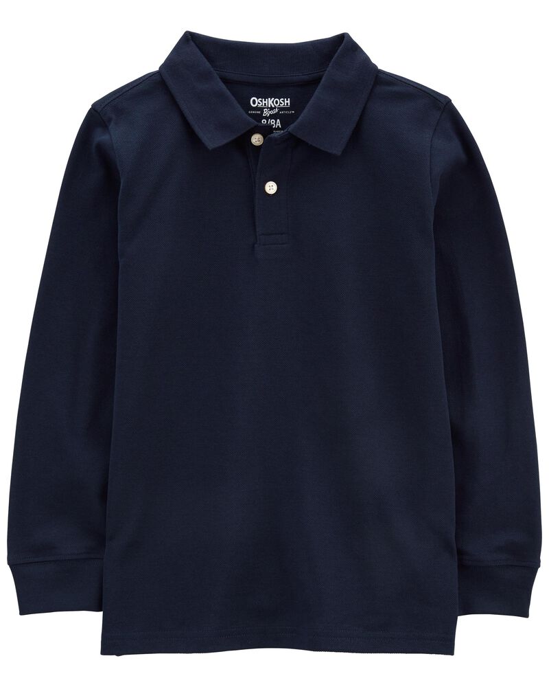 Kid Navy Long-Sleeve Piqué Polo Shirt, image 1 of 3 slides