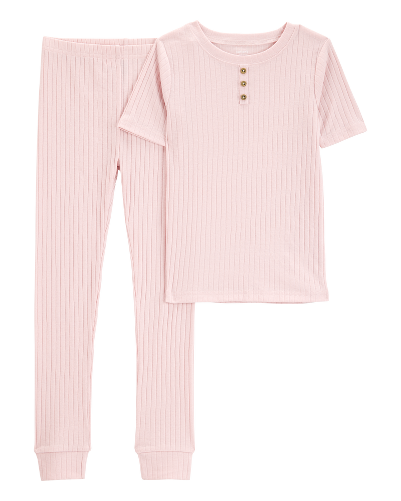 Kid Solid Ribbed Cotton Blend 2-Piece Pajamas - Pink, image 1 of 3 slides