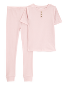 Kid Solid Ribbed Cotton Blend 2-Piece Pajamas - Pink, image 1 of 3 slides