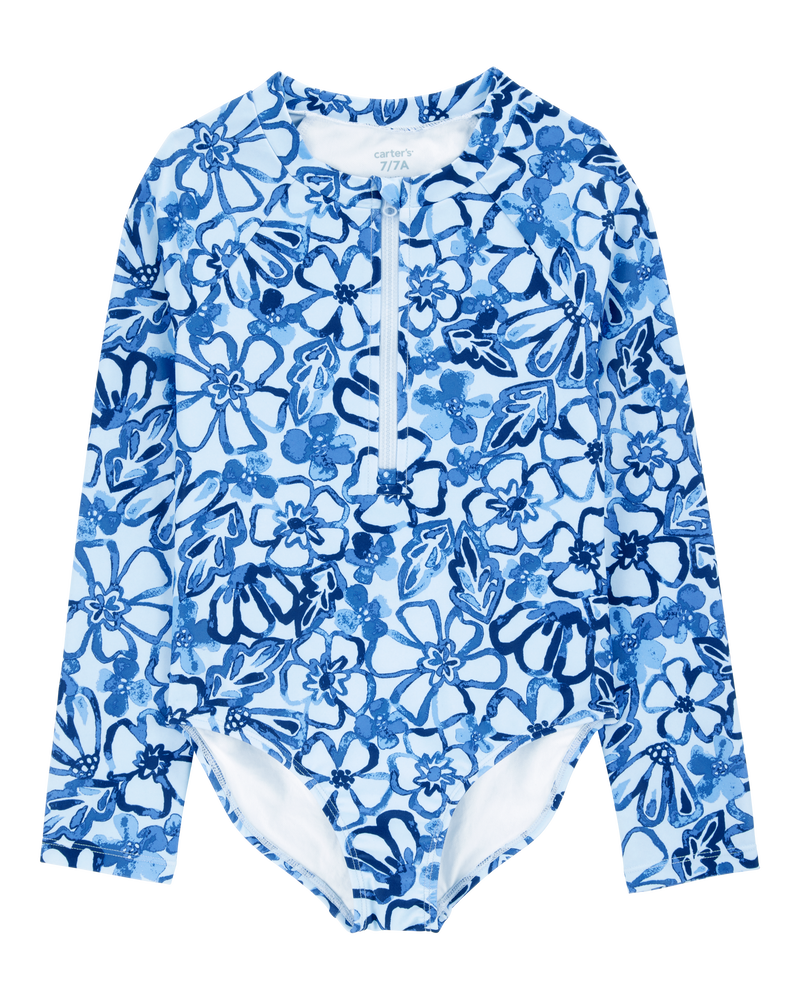 Kid 1- Piece Floral Long-Sleeve Rashguard Swimsuit - Blue, image 1 of 4 slides