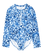 Kid 1- Piece Floral Long-Sleeve Rashguard Swimsuit - Blue, image 1 of 4 slides