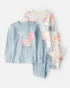 Baby Girl Dinosaur Print 100% Cotton Long-Sleeve 4-Piece Pajamas - Blue/White, image 1 of 4 slides