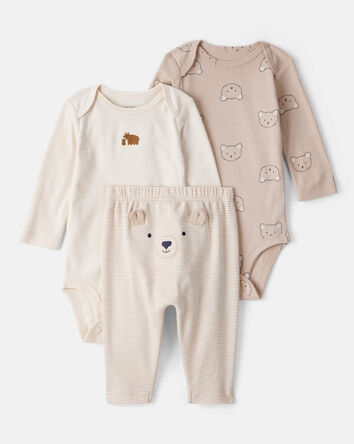 Baby Boy 3-Piece Bear Print Long-Sleeve Bodysuit & Pant Set - Brown/White, 