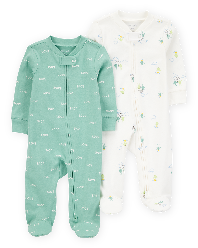 Baby 2-Pack Frog 2-Way Zip Cotton Sleep & Play Pajamas, image 1 of 4 slides