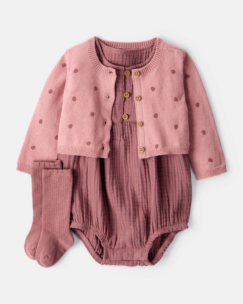 Baby Girl 3-Piece Acorn Print Short-Sleeve Dress Set - Pink, image 1 of 5 slides