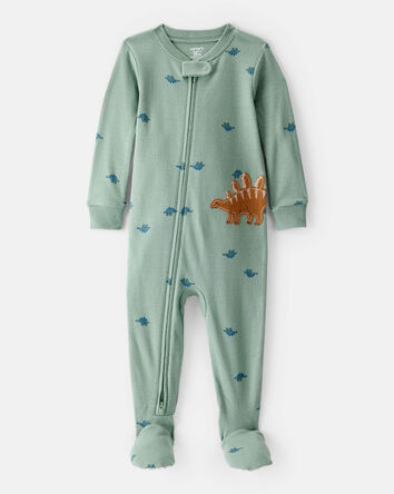 Toddler Boy Dinosaur Print 100% Cotton Long-Sleeve 2-Way Zip 1-Piece Pajamas - Green, 