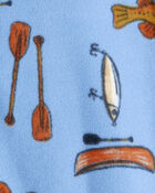 Kid 1-Piece Fishing Print Fleece Footie Pajamas - Blue, image 2 of 3 slides