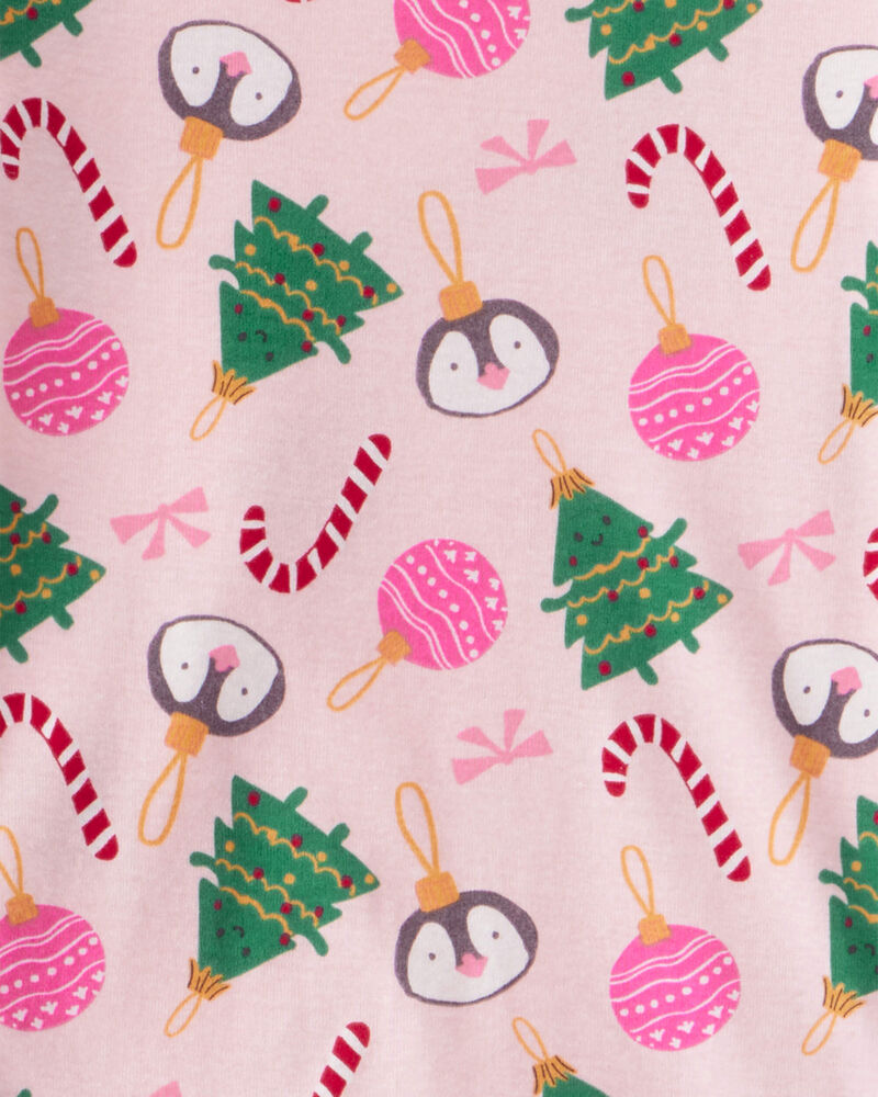 Kid Christmas Ornament Print 100% Cotton Long-Sleeve 2-Piece Pajamas - Pink, image 2 of 3 slides