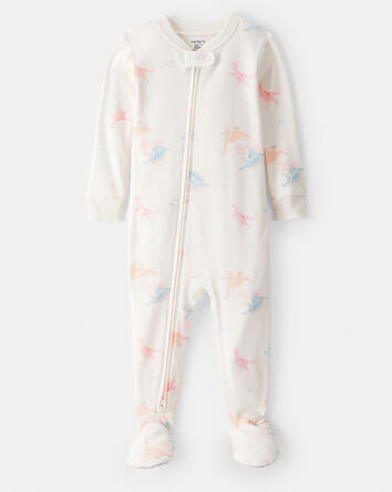 Toddler Girl Dinosaur Print 100% Cotton Long-Sleeve 2-Way Zip 1-Piece Pajamas - White, 