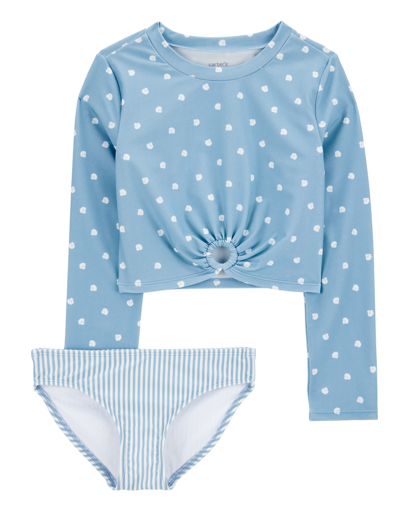 Girls 2-Piece Shell Striped Long-Sleeve Rashguard Swim Set - Blue, image 1 of 3 slides