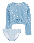 Girls 2-Piece Shell Striped Long-Sleeve Rashguard Swim Set - Blue, image 1 of 3 slides