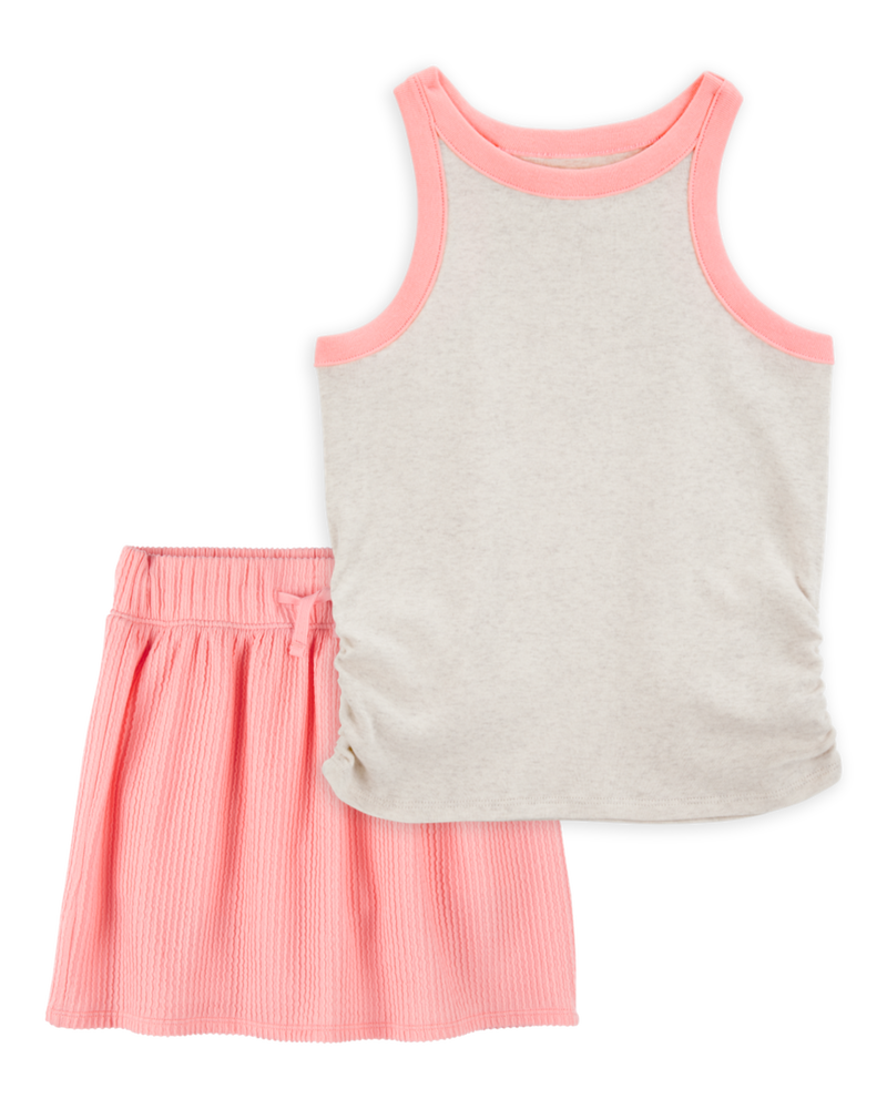 Kid 2-Piece Ribbed Tank Top & Textured Drawstring Skort Set - Orange/Cream, image 1 of 7 slides