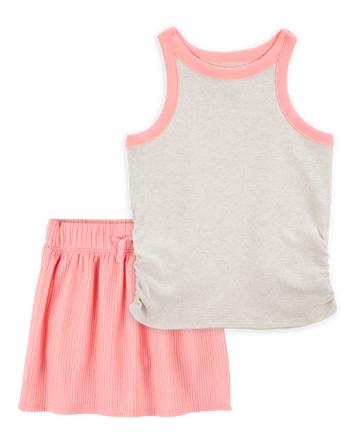 Kid 2-Piece Ribbed Tank Top & Textured Drawstring Skort Set - Orange/Cream, 