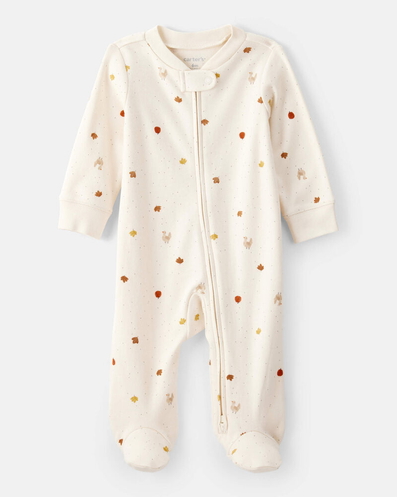 Baby Thanksgiving Turkey Print 100% Cotton Long-Sleeve Sleep & Play Pajamas - Cream, image 1 of 4 slides