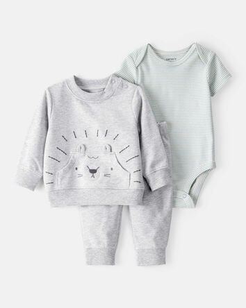 Baby 3-Piece Lion Little Pullover Set - Grey/Green, 
