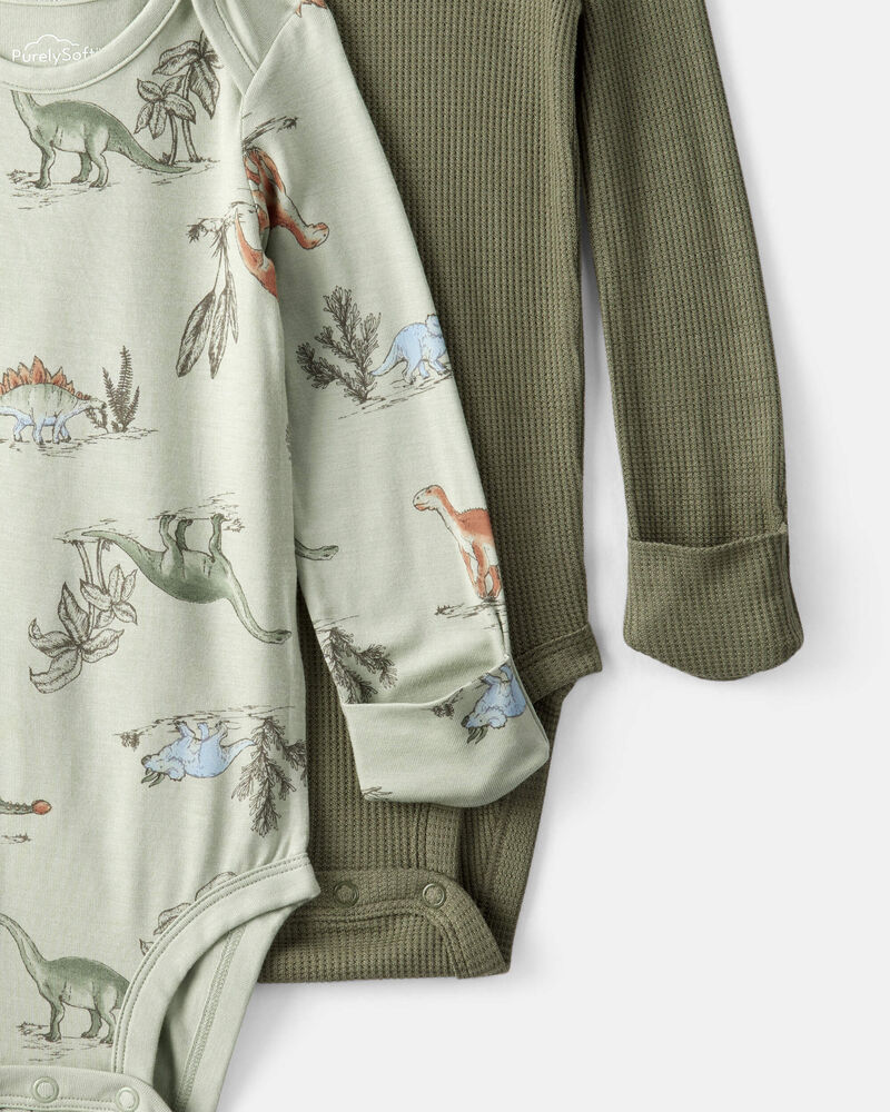 Baby Boy 2-Pack Dinosaur Print PurelySoft Long-Sleeve Multipack Bodysuits - Green, image 2 of 7 slides
