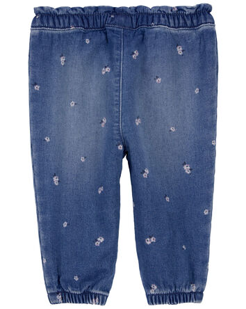 Baby Floral Print Knit-Like Denim Joggers, 