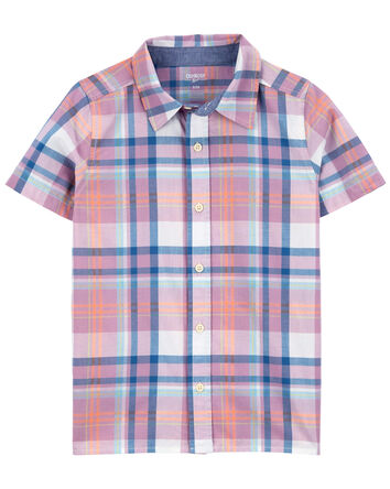 Kid Plaid Button-Front Short Sleeve Shirt, 