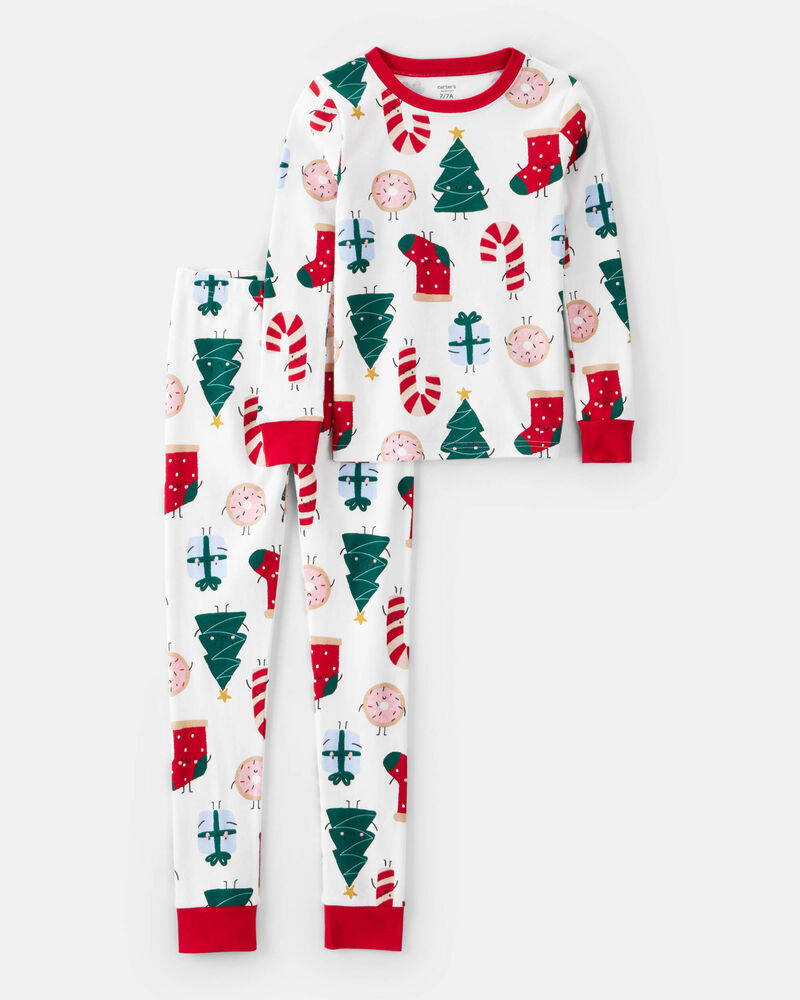 Kid Christmas Print 100% Cotton Long-Sleeve 2-Piece Pajamas - White, image 1 of 3 slides