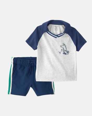 Toddler Boy 2-Piece Alligator Polo Shirt & French Terry Shorts Set - Blue/Grey, 