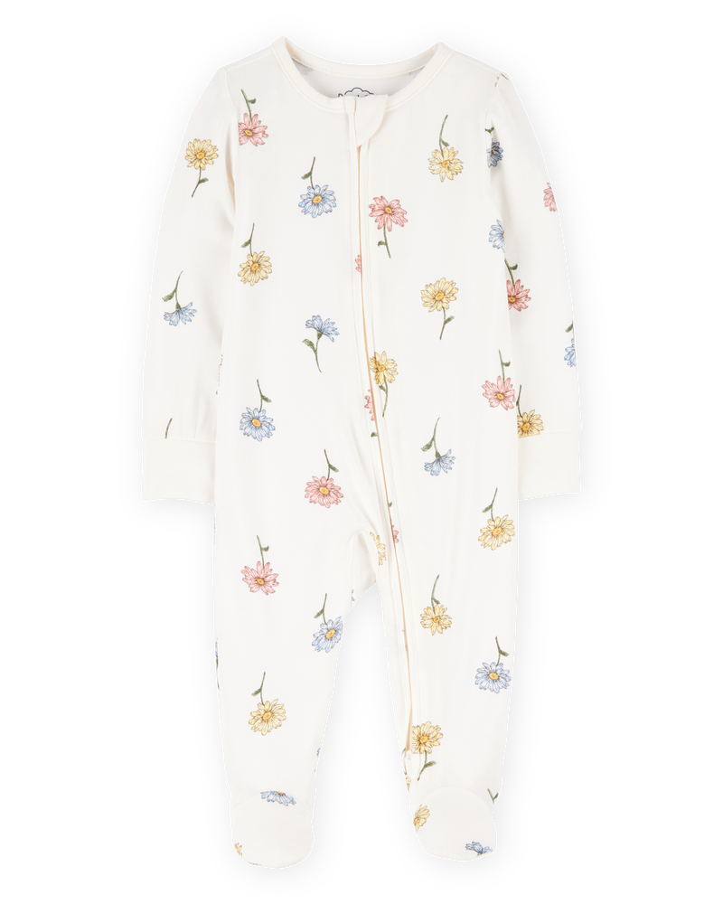 Baby Girl Floral Print 2-Way Zip PurelySoft Sleep & Play Pajamas - Ivory, image 1 of 6 slides