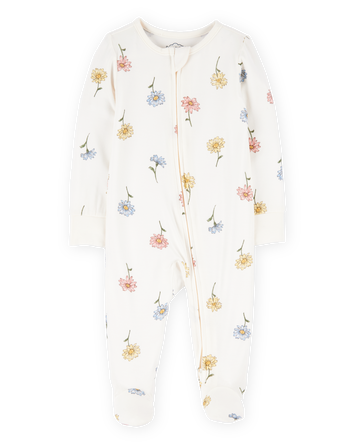Baby Girl Floral Print 2-Way Zip PurelySoft Sleep & Play Pajamas - Ivory, 