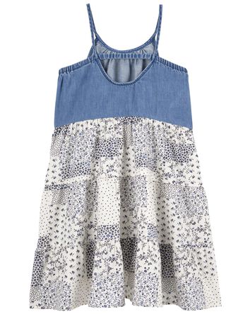 Kid Cotton Denim Patched Floral Dress, 