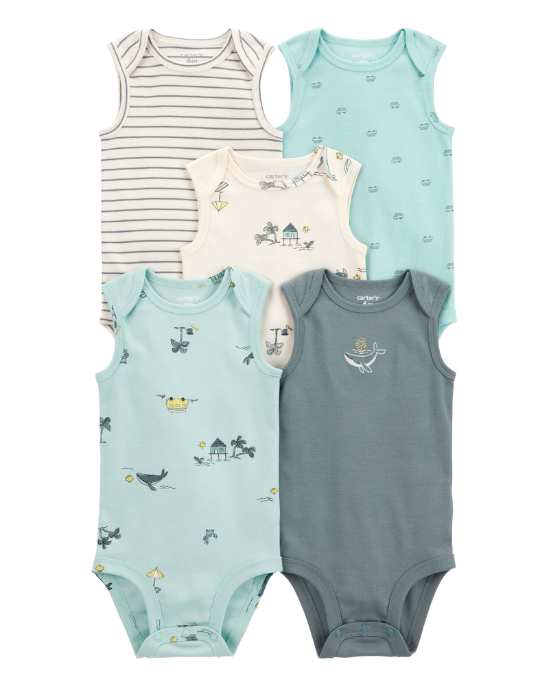 Baby 5-Pack Ocean Print Sleeveless Bodysuits, image 1 of 7 slides