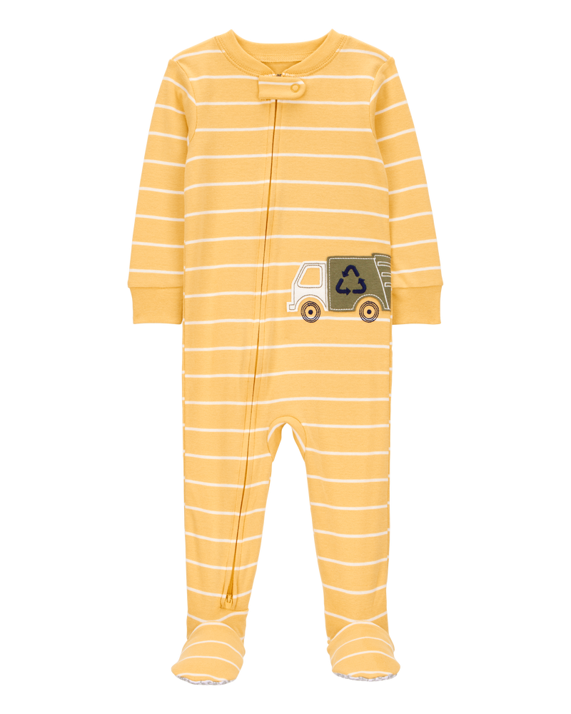 Baby Boy Truck Striped Snug Fit Cotton Footie 1-Piece Pajamas - Yellow, image 1 of 5 slides