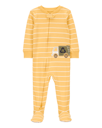 Baby Boy Truck Striped Snug Fit Cotton Footie 1-Piece Pajamas - Yellow, 