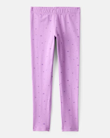 Girls Heart Print Cotton Pull-On Stretch Leggings - Purple, 