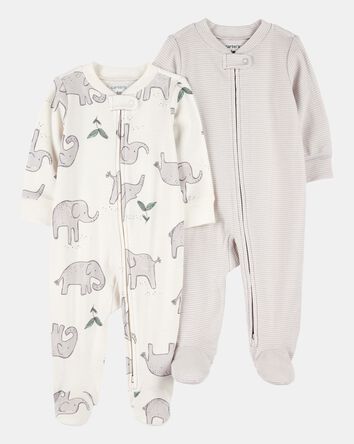 2-Pack Striped Elephant 2-Way Zip Cotton Sleep & Play Pajamas - Grey, 