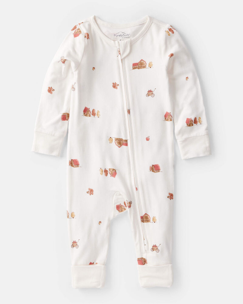 Baby Fall Print PurelySoft Long-Sleeve 2-Way Zip Sleep & Play Pajamas - White, image 1 of 8 slides