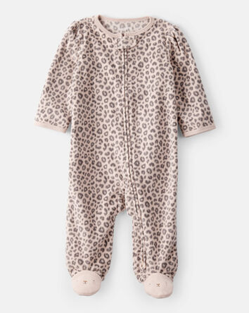 Baby Girl Leopard Print Loose Fit Long-Sleeve Sleep & Play Pajamas - Cream/Brown, 