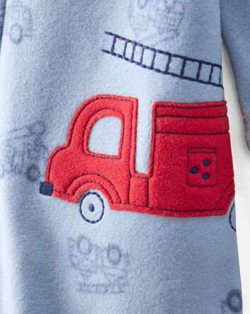 Toddler Boy Firetruck Print Loose Fit Long-Sleeve 2-Way Zip 1-Piece Pajamas - Blue, 