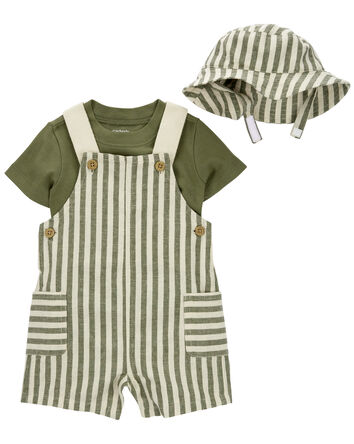 Baby 3-Piece Tee & Striped Linen Shortall Set, 