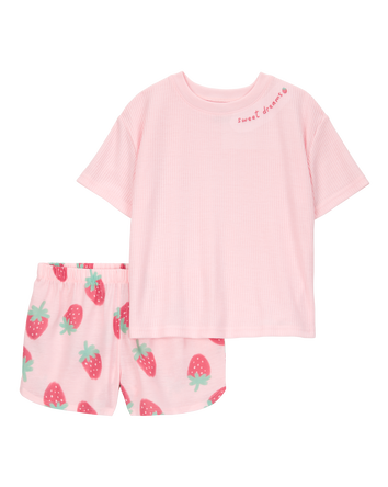 Girls Strawberry Print Loose Fit 2-Piece Pajamas - Pink, 