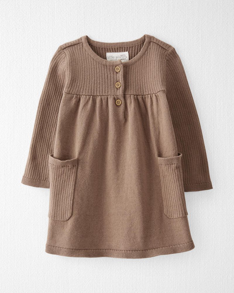 Baby Organic Cotton Ribbed Sweater Knit Dress in Light Brown, image 1 of 6 slides
