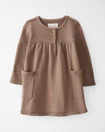 Baby Organic Cotton Ribbed Sweater Knit Dress in Light Brown, 