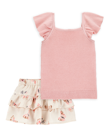 Toddler 2-Piece Flutter-Sleeve Rib Tank & Butterfly Ruffle Skort Set - Pink/Ivory, 