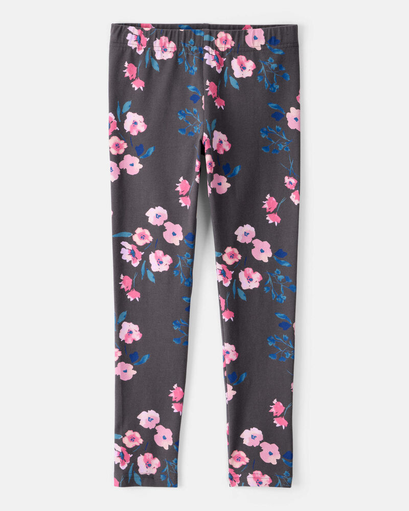 Girls Floral Cotton Pull-On Stretch Leggings - Black, image 1 of 4 slides