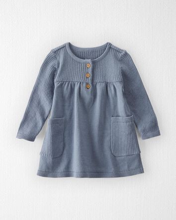 Baby Organic Cotton Ribbed Sweater Knit Dress in Blue, 