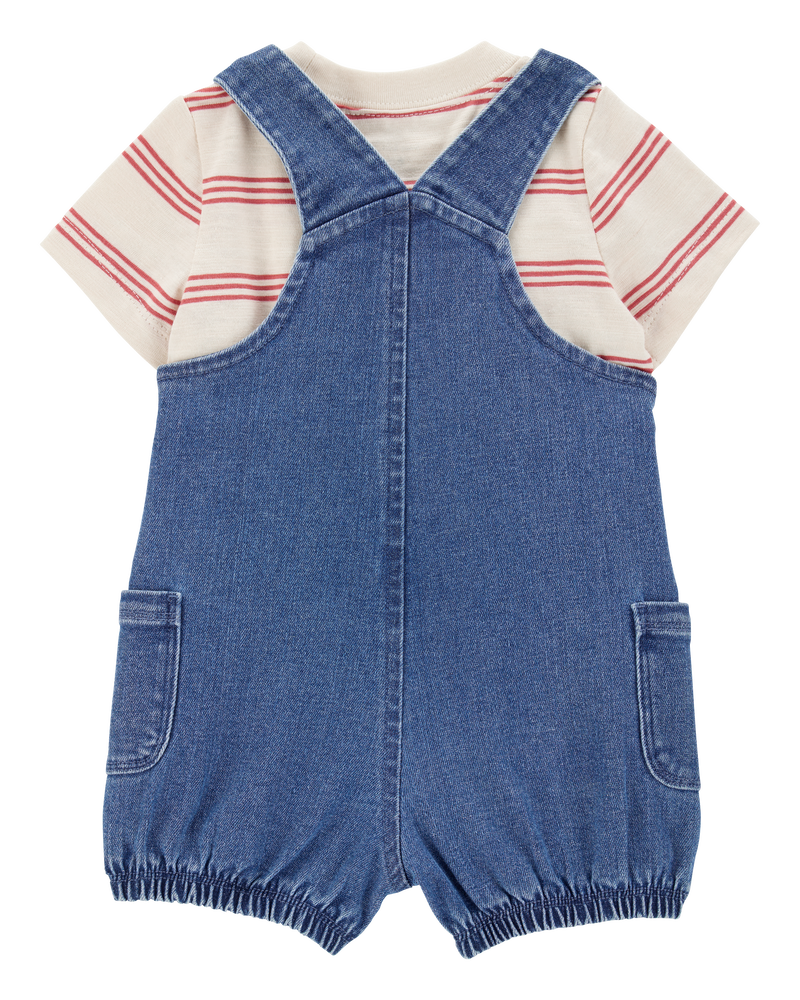 Baby Boy 2-Piece Striped Tee & Denim Shortall Set - Navy/Ivory, image 2 of 6 slides