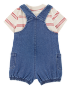Baby Boy 2-Piece Striped Tee & Denim Shortall Set - Navy/Ivory, image 2 of 6 slides